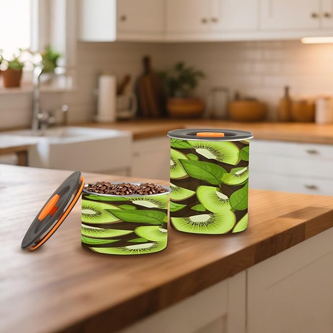 Qilmy Kiwi Fruit Air-Less Vacuum Coffee Storage Container-Airtight Stainless Steel Food Canister with Lid for Beans, Ground Coffee, Tea, Dry Goods, 30oz Kitchen Organizer Jar