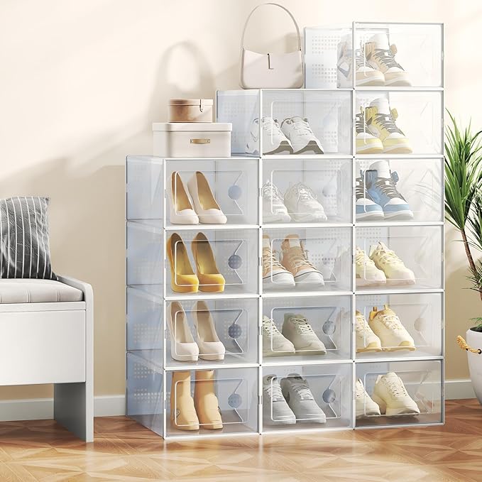 Sweetcrispy Shoe Storage Boxes, Clear Plastic Stackable Shoe Rack Organizer with Lids for Closet, Foldable Sneaker Container, Under Bed and Entryway, 15 Pack, Clear White