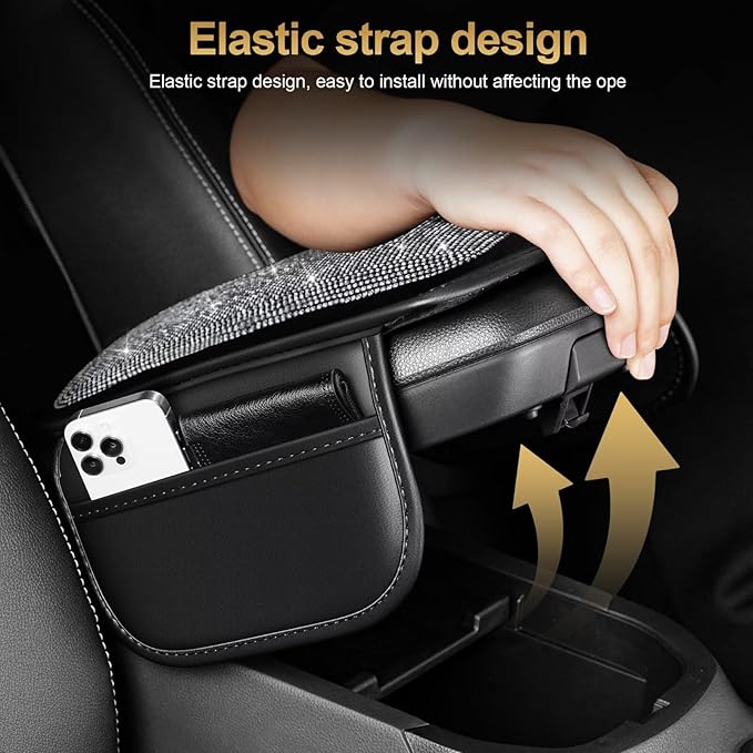 Bling Center Console Cover Fit for Toyota Tacoma with 2 Storage Bags Fully Diamond-Studded Style Center Console Armrest Cover with Total Protection(Silver Diamond)