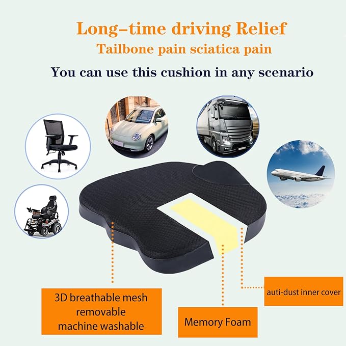 Decompression Cushion, Comfort Memory Foam Seat Cushion for Car Seat Drivers, Tailbone (Coccyx) Pain Relief Cushion, Office Chair Cushion (Black)