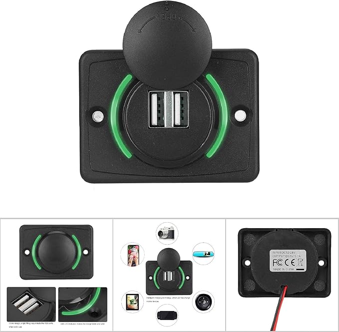 Car Dual USB Port Socket, 3.1A DC12V/24V Portable Mini Power Charger Socket with LED Indicator for High End Large Scale Vehicles Such as Ships, Yachts, RVs, Buses(Green)
