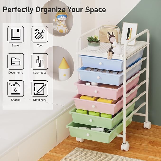6-Tier Utility Cart with 6 Drawers, Rolling Utility Cart with 2 Lockable Caster Wheels, Multipurpose Mobile Rolling Drawer Cart for Office Bathroom Kitchen, Colorful