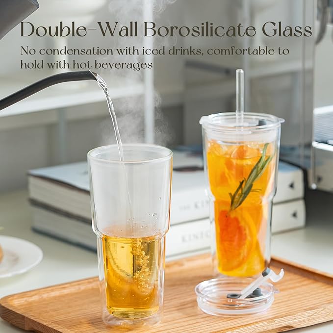 KEMORELA 20oz Double Wall Glass Tumblers 4‑Pack with Lids & Straws | Insulated Clear Drinking Glasses for Iced Coffee, Matcha, Smoothies | Reusable Cups for Family & Parties