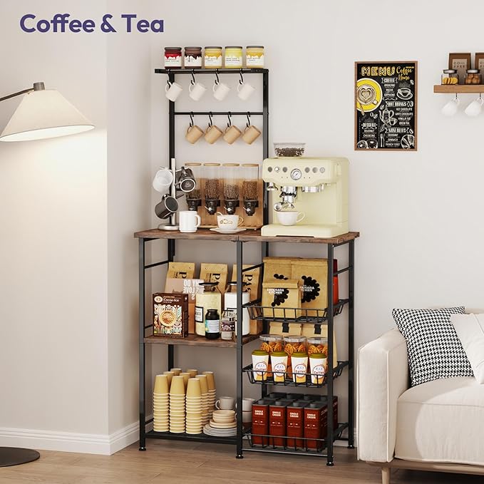 SWTYMIKI Bakers Rack with Storage - Coffee Bar Cabinet with Shelves, Coffee Station Organizer and Kitchen Stand with 8 Hooks, Baskets, Adjustable Feet for Kitchen Dining Room Pantry, Espresso