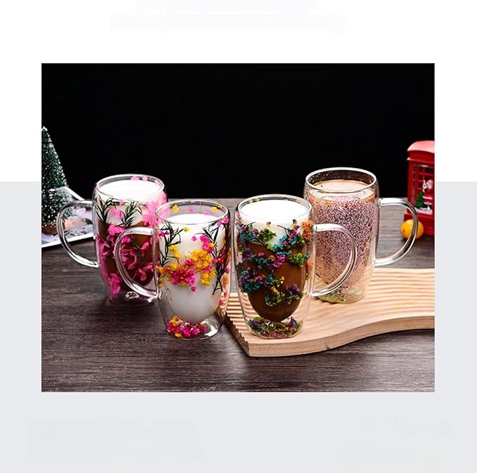 15.22oz, Double Wall Borosilicate Glass Coffee Mug with Heat-Resistant Handle, Insulated Flower Tea Cup, Multi-Color Options (yellow,15.22oz)