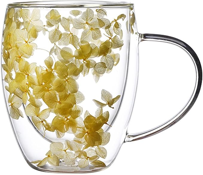 Double Wall Glass Coffee Mugs, 12 oz Clear Floral Insulated Glass Cups with Handle, Hand Blown Borosilicate Coffee Mug for Espresso, Cappuccino, Latte, Tea & Hot Beverages (Yellow)
