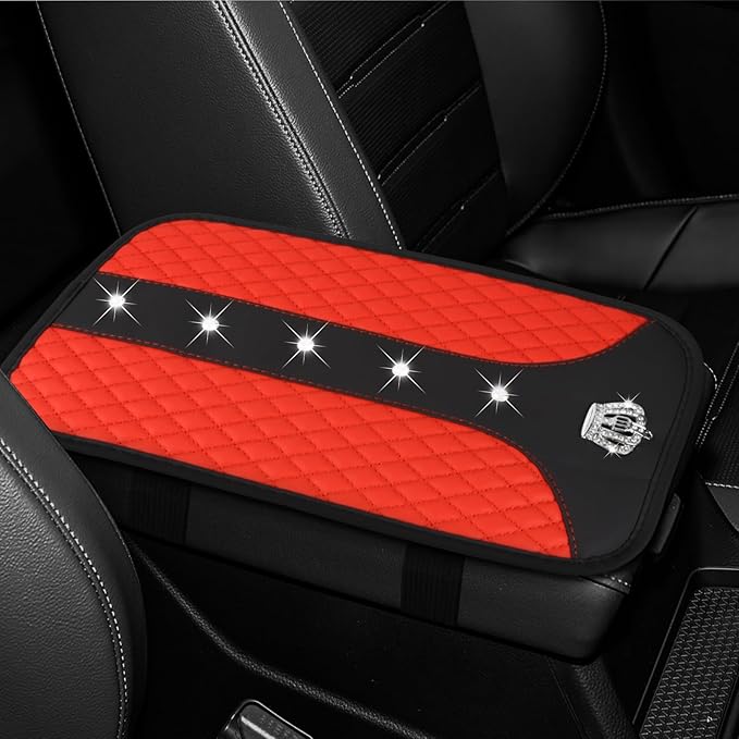 Bling Crown Car Center Console Cover, 12.7"×7.7" Armrest Cover for Cars, Waterproof Leather Arm Rest Box Pad Cushion, Universal Middle Console Cover Protector, Car Accessories (Red)