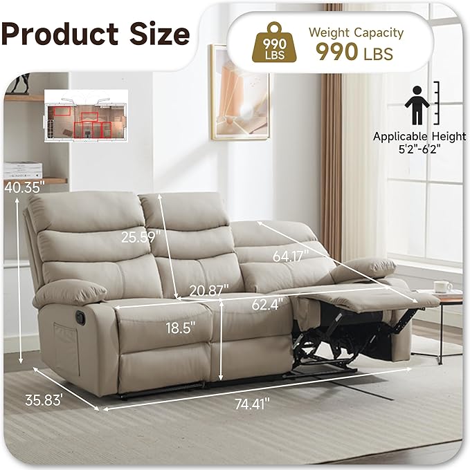 3 Seater Recliner Sofa Set, Anti-Scratch Reclining Loveseat Sofa & Couch for Living Room, RV, Home Theater Apartment(Beige, 3 Seater Sofa)