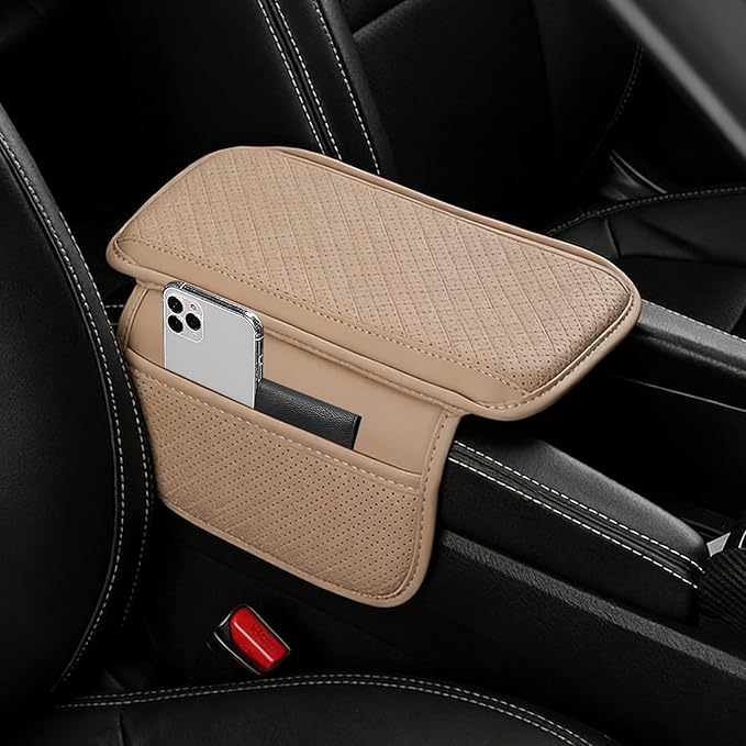 Car Armrest Cover for Mazda CX5 2012-2025, Center Console Cushion Leather Armrest Pad Protector with Storage Pockets Diamond Pattern,Beige