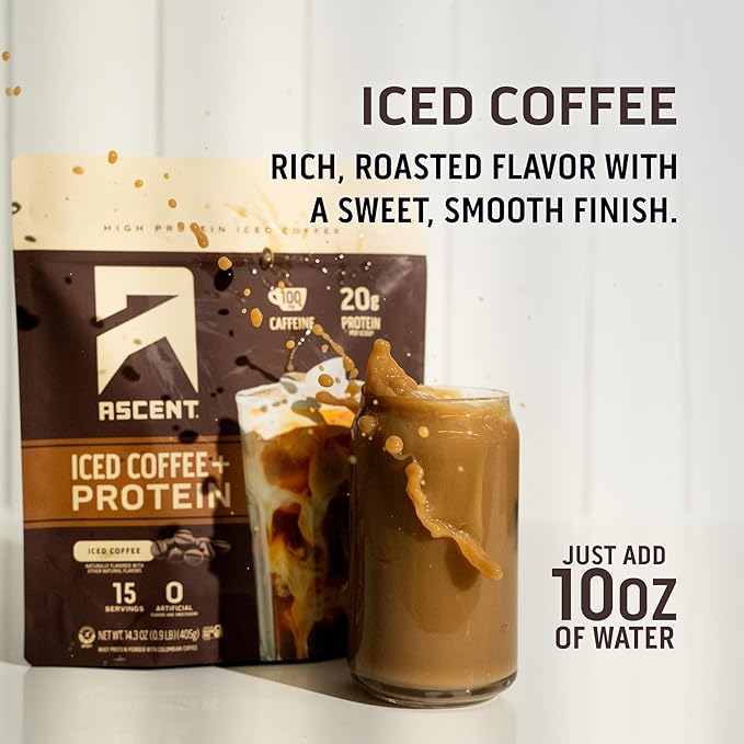 Ascent Iced Coffee Protein Powder - High Protein Coffee Powder, 20 g Protein & 100 mg Caffeine from Premium Colombian Coffee, Zero Artificial Flavors & Sweeteners - 15 Servings