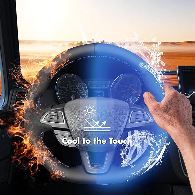 MEWANT Hand Stitch Steering Wheel Cover for Ford Focus MK3 ST 2015-2018 / Focus RS 2016-2018 Black Genuine Leather Suede Custom Fit Wrap DIY Interior Upgrade