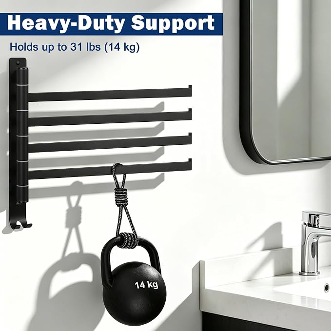 NearMoon Swivel Towel Rack, 13.8" Thicken 304 Stainless Steel 4-Arm Towel Bar, Space Saving Wall Mounted Towel Holder with Hook, Rustproof Swing Out Towel Hanger for Bathroom, Square (Matte Black)