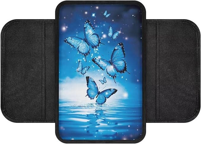 Dreaweet Blue Butterfly Center Console Cover Cute Car Accessories for Women Girly,Car Console Covers with Pockets,Universal Armrest Cover Soft Comfy Arm Rest Pad for SUV Truck Van