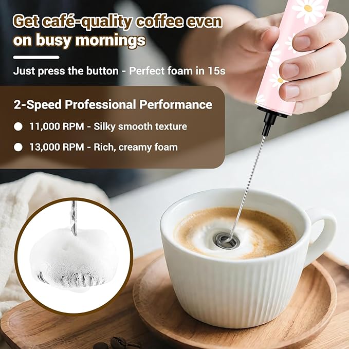 Milk Frother Handheld Rechargeable - 2-Speed Electric Whisk with 5 Detachable Heads (Frother/Mixer/Whisk) for Coffee, Latte, Cappuccino & Matcha, Drink Mixer （Flower 1)