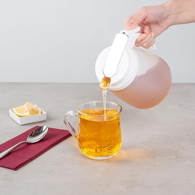 Restaurantware-Chef 101 32 Ounce All Purpose Syrup Dispensers, 10 Honey Dispensers - White Top, Stainless Steel Slide Cover, Plastic Pancake Syrup Bottle, Perfect For Diners, Restaurants, Home
