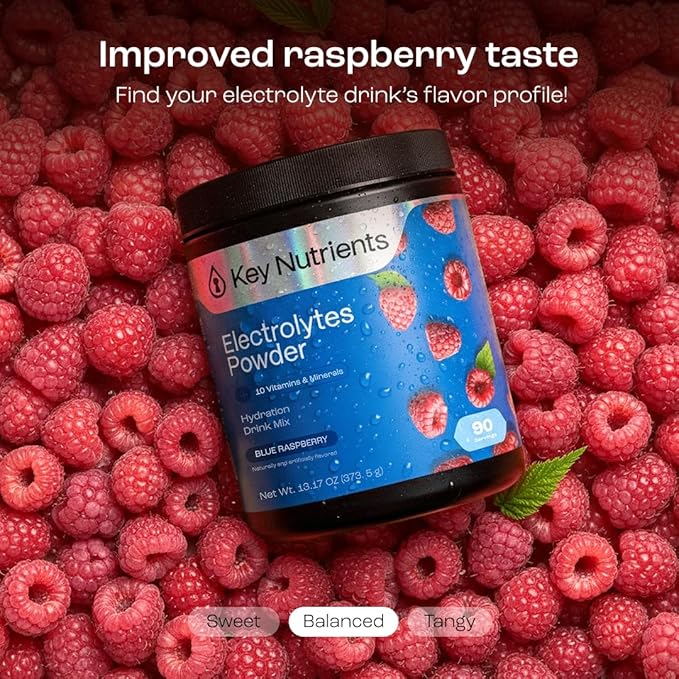 KEY NUTRIENTS Multivitamin Electrolytes Powder No Sugar - Sweet Blue Raspberry Electrolyte Powder - Endurance & Energy Supplement - Hydration Powder - No Calories - 90 Servings - Made in USA