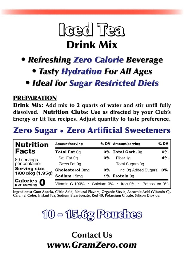 GramZero Iced Tea, Sugar Free Drink Mix, Pitcher Pack, Great For Nutrition Club Loaded Tea, Zero Calorie, Stevia Sweetened
