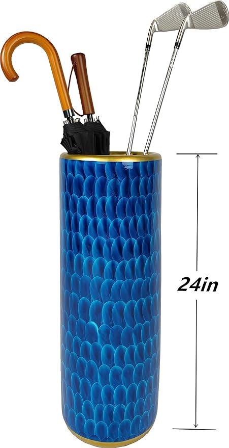 Luxurious Umbrella Stand Holder Umbrella Bucket Umbrella Rack Barrel Hand-Painted Feather Theme Porcelain Ceramic Floor Vase Entryway Porch Indoor 24" High Peacock Blue