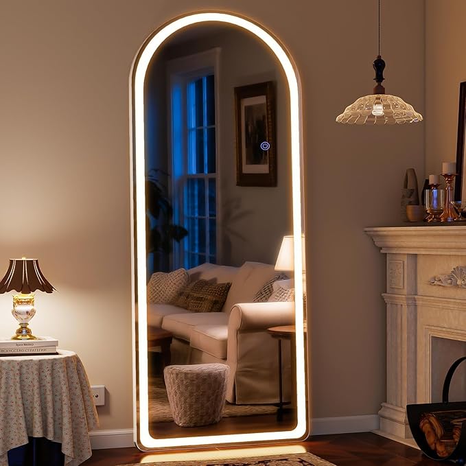 VooBang 71"x26" LED Mirror Full Length - Arched Floor Body Mirror Rounded Corners with Dimmable Lights - 3 Color Modes, Standing Leaning Wall Mounted for Bedroom, Dressing Room