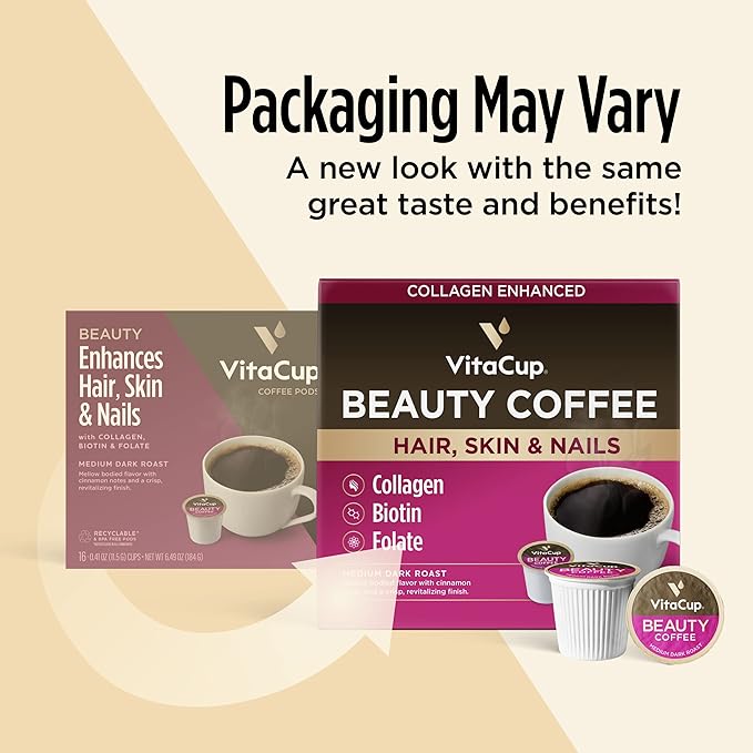 VitaCup Beauty Collagen Coffee Pods for Hair, Skin & Nails, with Biotin & Folate, Medium Dark Roast, Keto Friendly, Single Serve Pod Compatible with Keurig K-Cup Brewers,32 Ct