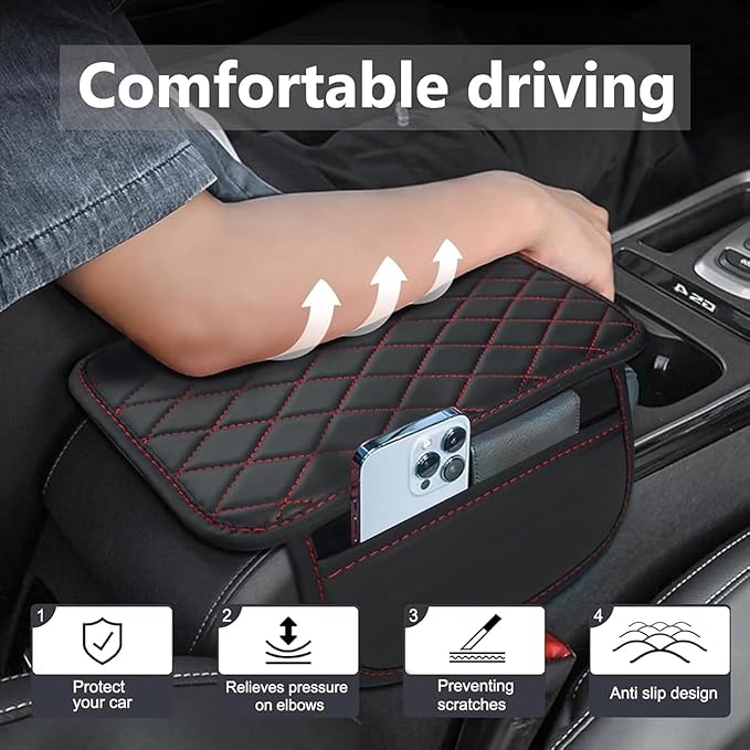 Car Armrest Cushion for BMW iX X1 X2 X3 X4 2004-2025, Center Console Covers Pad Leather Accessories, Arm Rest Protector Mat with Side Storage Bag for SUV/Sedan/Truck, B/Black-Red