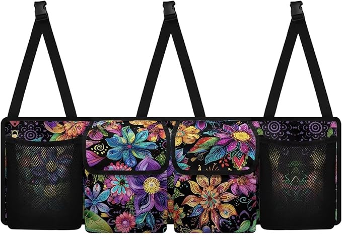 Flower Printed Car Truck Organizer for Women Backseat Hanging Organizer with 4 Storage Pockets Car Seat Organizer for SUV, Truck, Sedan, Space Saving Expert