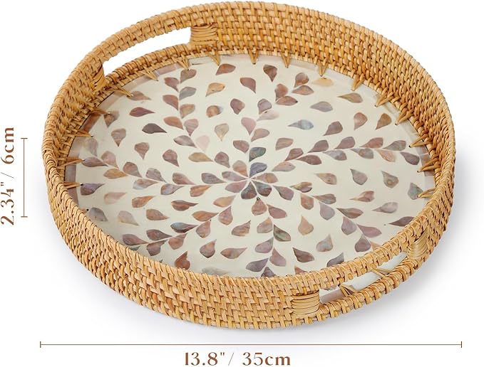 YANGQIHOME Round Rattan Tray with Handle, Mother of Pearl Inlay Decorative Wicker Basket for Coffee, Bread, Fruits, Serving Tray for Home Decor, Pink Clover