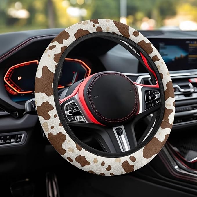 AFPANQZ Elastic Steering Wheel Cover, Brown Cow Pattern Non-Slip Steering Wheel Protective Covers, Women Men Car Accessories Universal 15 Inch Fit Auto, Suvs, Truck