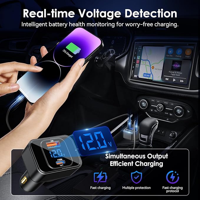 Fast Car Charger for iPhone 17 Sumsung Fast Charging Cigarette Lighter Adapter Accessories, Multi Device Family Travel Road Trip Essentials, 170W USB C 12V-24V 140W PD3.1, LED Display