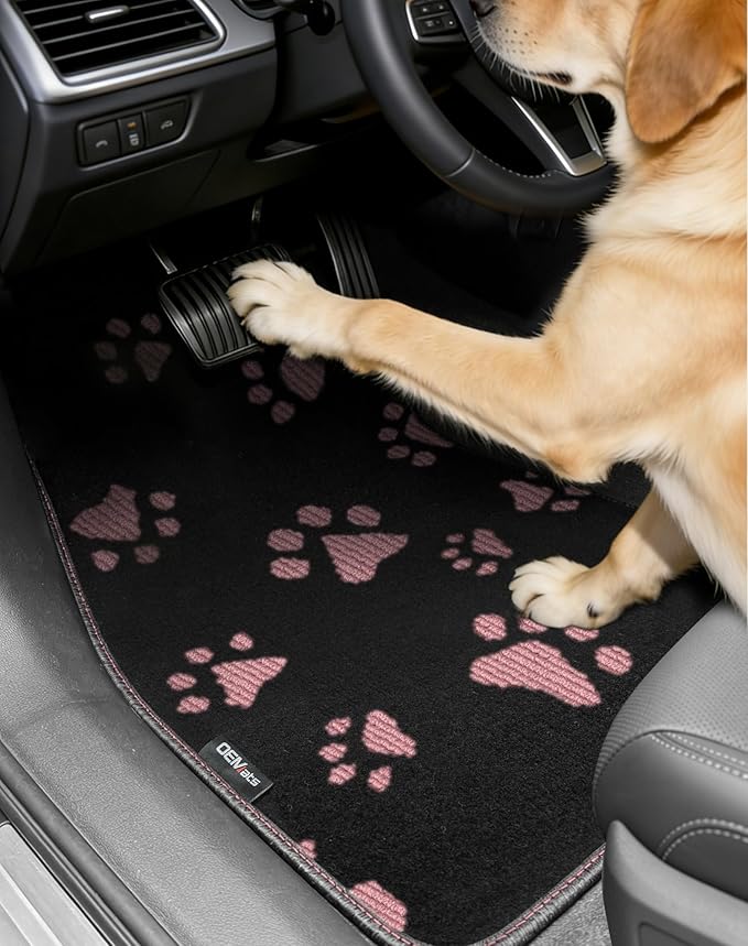 Cute Embroidered Dog Paw Car Floor Mats for Pet Lovers, Universal Fit All Weather Car Mats with Anti-Slip Nibbs Backing, Carpet Floor Mats for Cars, Trucks & Sedans, Full Set of 4 (Pink Paw)