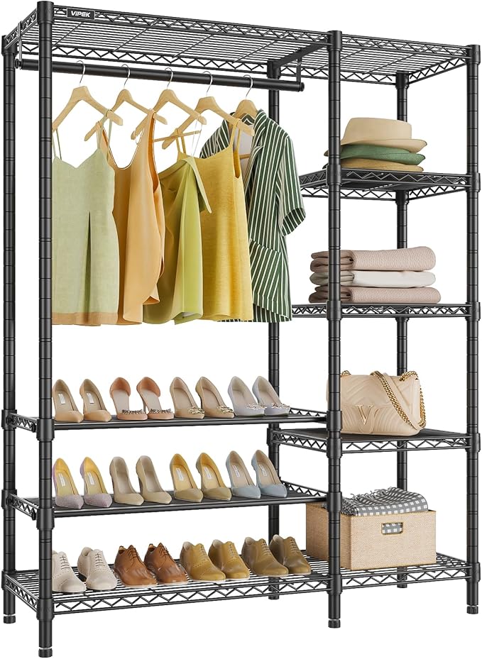 VIPEK V7S Clothes Rack Heavy Duty Max Load 720lbs, Garment Rack with 7 Tiers Adjustable Shelves Portable Closet Metal Sturdy Wardrobe Storage System for Walk-in Closet (Black)