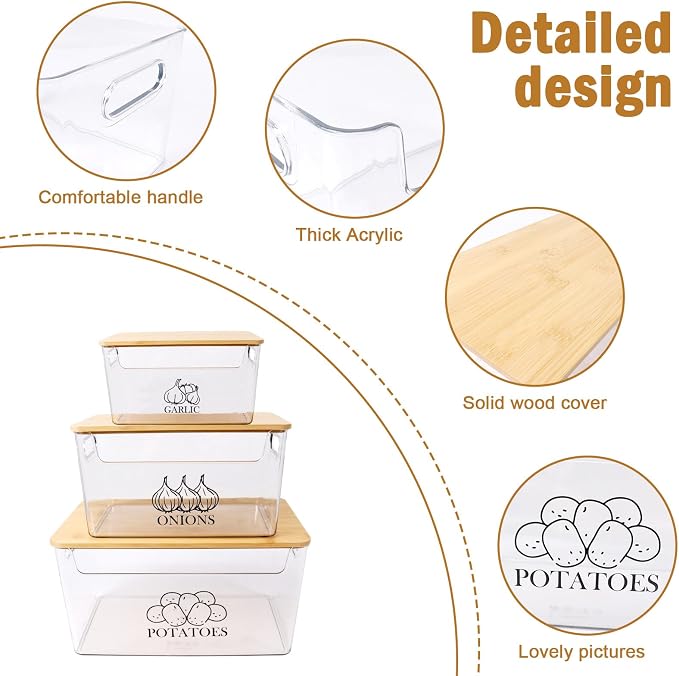 Potato and Onion Storage Bins, Transparent Acrylic Bin with Bamboo Lid, Stackable Vegetable Storage Bins for Potato, Onion, Garlic, Set of 3