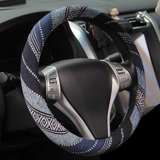 AOTOMIO 15 inch New Baja Car Steering Wheel Cover Universal Fit Most Cars Automotive Blue Ethnic Style Coarse Flax Cloth