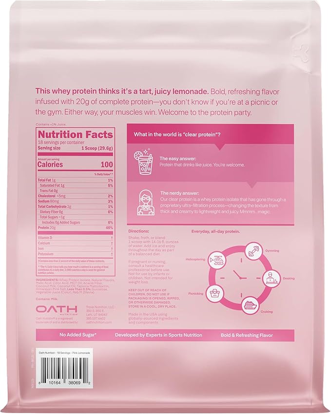 Oath Nutrition Clear Whey Isolate Protein Powder, Pink Lemonade, 20g Complete Protein per Serving, No Added Sugar, Grass-Fed, 18 Servings