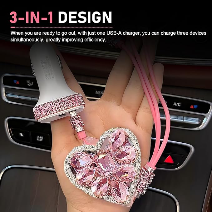Car Retractable Multi Charging Cable, 3 in 1 Fast Charger Cord, Camellia Patterned/Heart-shaped Diamond-studded Car Charger Cable, Stylish for Women, Compatible with Phone, Tablets (Pink)