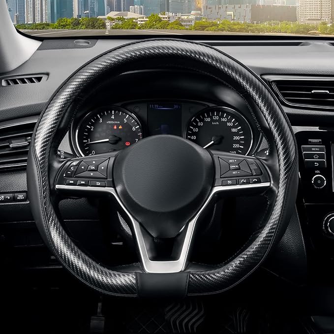 SEG Direct Flat Bottom Steering Wheel Cover Carbon Fiber, D Shaped Car Wheel Cover 14 1/2-15 in. (37-39 cm), Black Microfiber Leather with Carbon Fiber Pattern