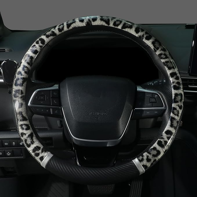 KAFEEK Leopard Print Steering Wheel Cover 15 inch, Microfiber Leather Cheetah Pattern for Women Girls, Non-Slip Rubber Inner, All-Season Comfort, Black