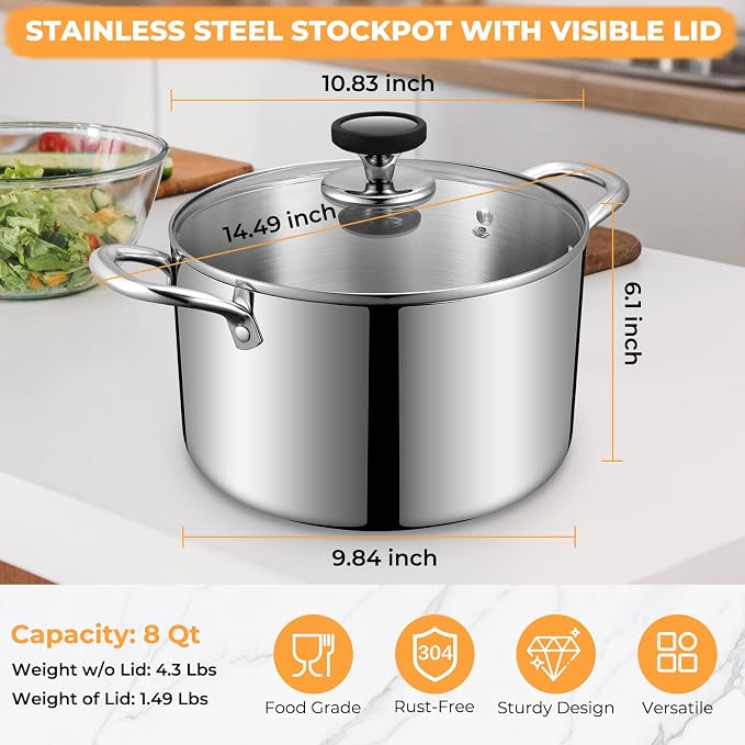 Tri-Ply Stainless Steel Stock Pot, 8 Quart Heavy Duty Induction Cooking Pot with Visible Lid for Pasta, Soup, Spaghetti, Sturdy & Double Handle, Dishwasher Safe