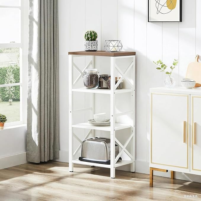 MNEETRUNG Small Bookshelf,4 Tier Industrial Bookcase with Metal Frame and Backboard,Narrow White Book Shelf,Book case for Small Spaces,Living Room,Bedroom and Home Office