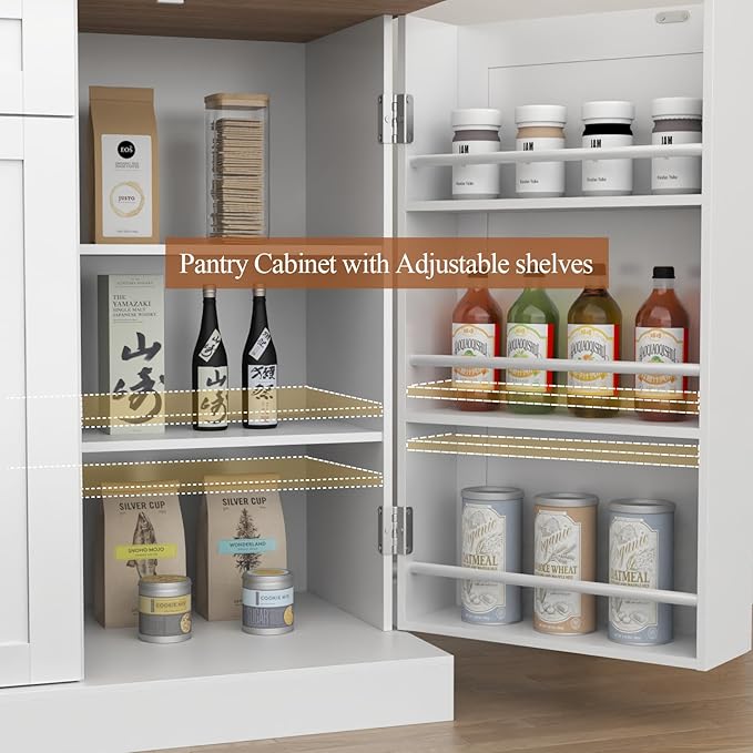Sideboard Buffet Cabinet with 2 Drawers, Farmhouse Kitchen Pantry with Adjustable Shelves, Coffee Bar Cupboard Cabinet with 3 Doors for Kitchen, Dining Room (White)