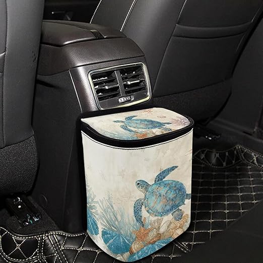 Sea Turtle Car Trash Can with Lid Leak Proof Multipurpose Vehicle Garbage Can Starfish Automotive Accessories Decor for Men Women