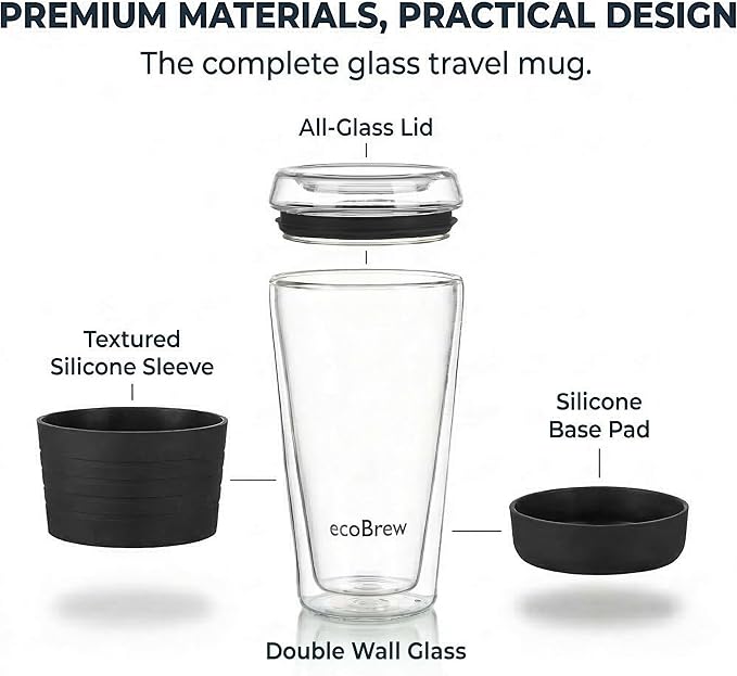16oz Double Wall All Glass Tumbler with Lid, Glass Travel Mug, Dishwasher Safe & Microwavable Clear Coffee Tumbler To Go, Reusable Ceramic Cup with Lid, Black