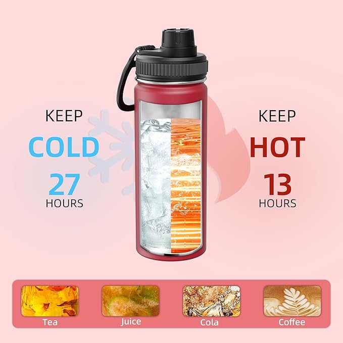 SASEUM Sport Water Bottle 18oz Stainless Steel Double Wall Vacuum Thermal Mug with Leak Proof Spout Lids, Wide Mouth Metal Insulated Water Jug for Gym and Travel（Red）