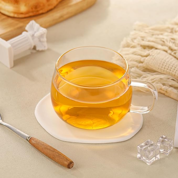 Glass Tea Cups Set of 2, Clear Borosilicate Glass Teacups with Handle for Tealover, Dishwasher & Microwave Safe Large Coffee Mugs for Espresso Cappuccino Latte Juice, 12OZ/360ML