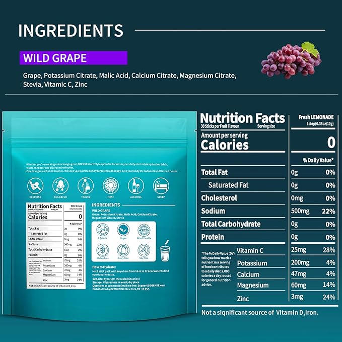 Electrolytes Powder Packets, 30 Sticks Hydration Packets Sugar Free, Electrolyte Drink Mix Portable Electrolyte Packet for Rapid Hydration, 0 Sugar & 0 Calorie, Grape Flavor