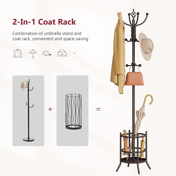 Tajsoon Coat Rack Stand with Umbrella Holder, Coat Tree Freestanding with 16 Hooks, Coat Hangers Stand for Living Room, Bedroom, Office, Brown