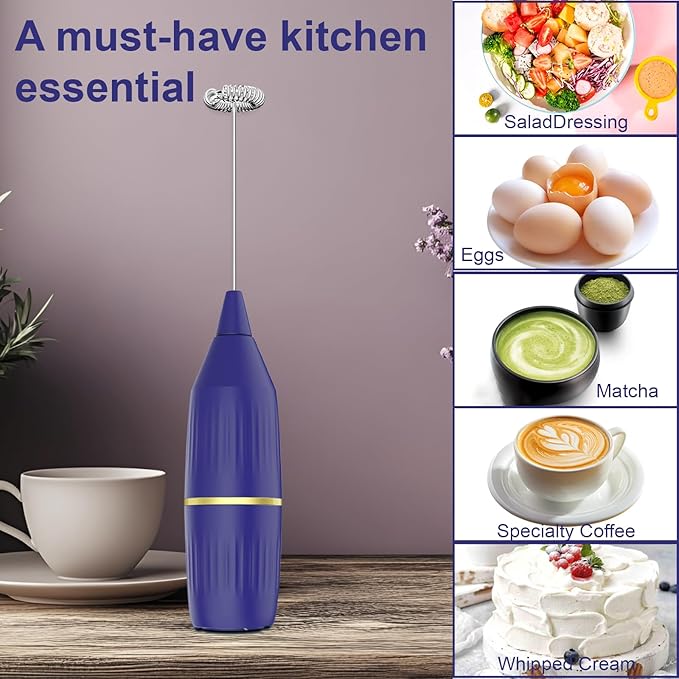 Milk Frother Handheld | Easy Clean, Detachable | Multi-Functional Drink Mixer for Coffee, Matcha, Eggs | Compact & Portable | Gift (Blue)