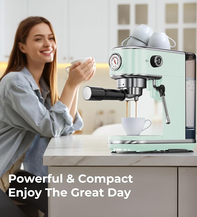 20 Bar Espresso Machine with Milk Frother, Compact Espresso Maker, Stainless Steel Coffee Machine with Precise Temp Control & 44oz Removable Water Tank for Latte, Cappuccino, Light Green