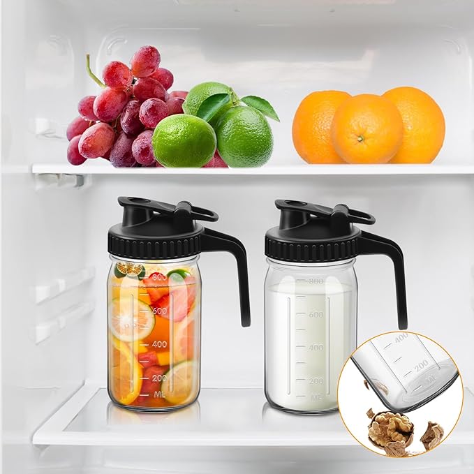 1Pc Wide Mason Jar Pitcher,32oz Glass Pitcher with Lid Double Leak-proof with Handle Water Jug Wide Mouth Breast Milk Fridge Container for Water, Juice (32oz Black)