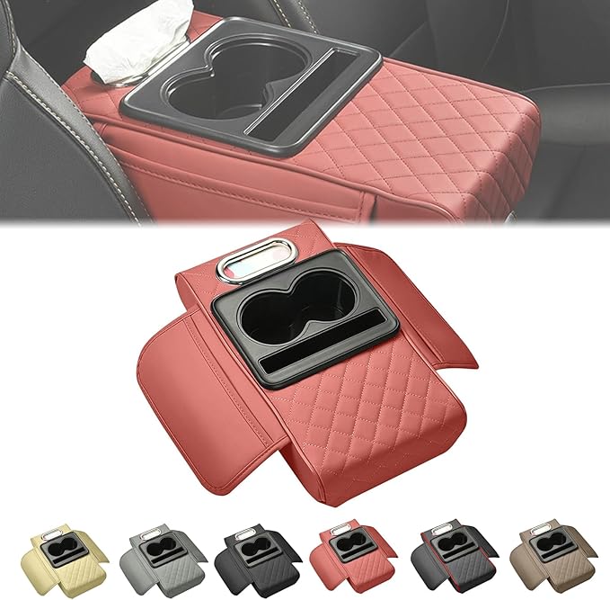2025 New Auto Center Console Armrest Cushion with 2 Cup Holder, Car Center Console Armrest Pillow, Memory Foam Arm Rest Box Protector for Most Vehicles, Car Accessories (Red)